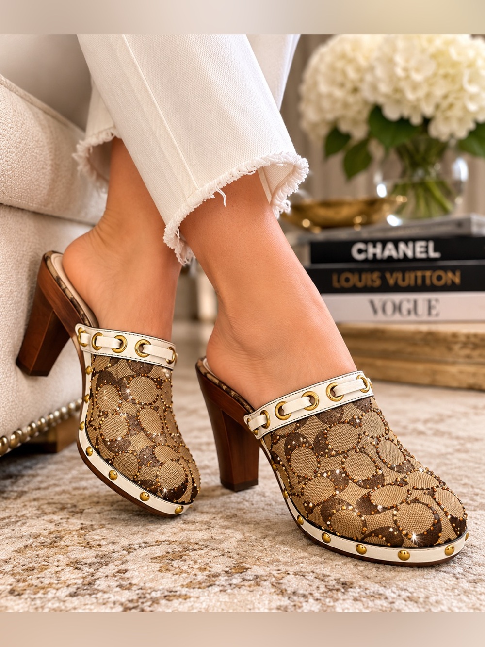 Coach Signature C Rhinestone Mule Clogs Wood Heel White Leather Custom Sz 8.5